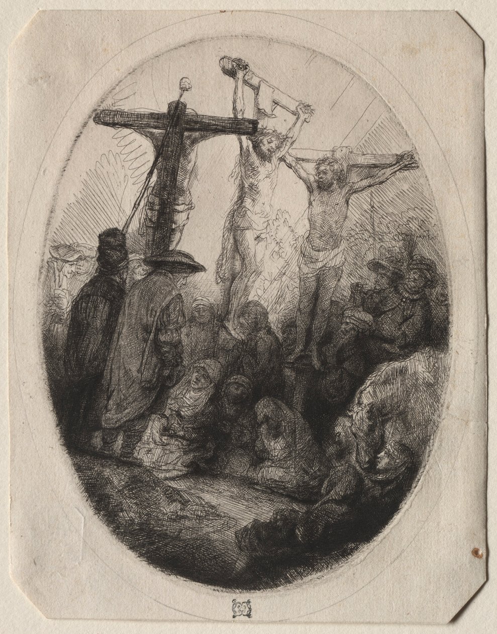 Christus gekreuzigt zwischen zwei Dieben: Ein ovaler Teller, um 1641 von Rembrandt van Rijn