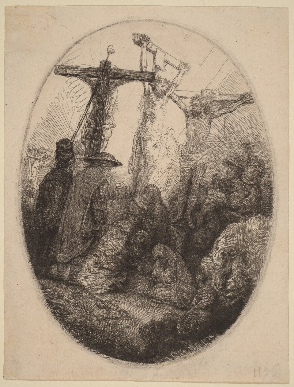 Christus am Kreuz zwischen den beiden Dieben: ein ovales Bild von Rembrandt van Rijn