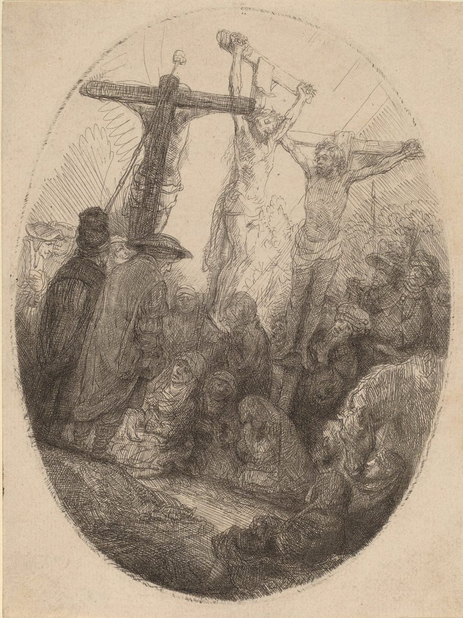 Christus gekreuzigt zwischen den beiden Dieben: eine ovale Platte, ca. 1641 von Rembrandt van Rijn