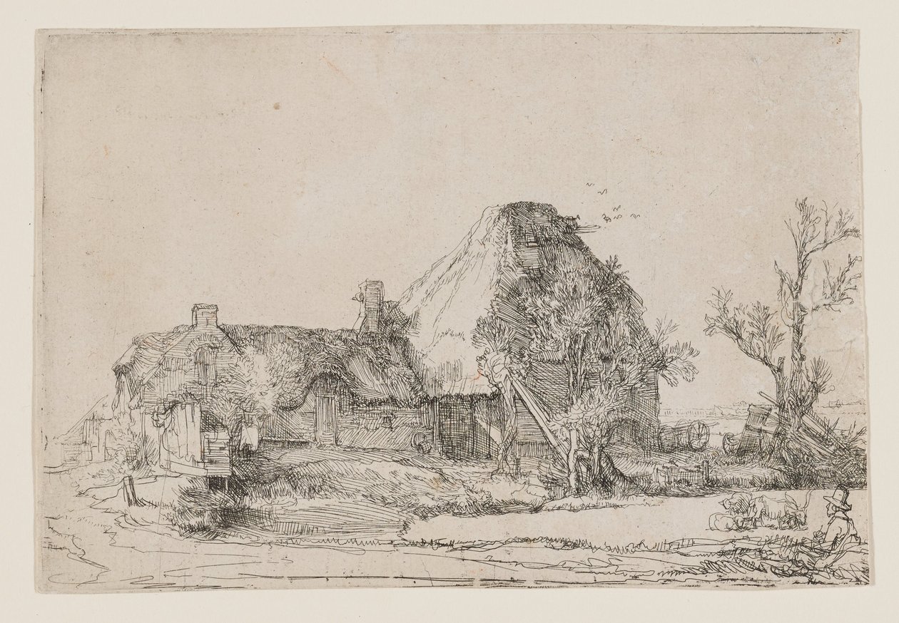 Hütte und Bauerngebäude mit einem zeichnenden Mann von Rembrandt van Rijn