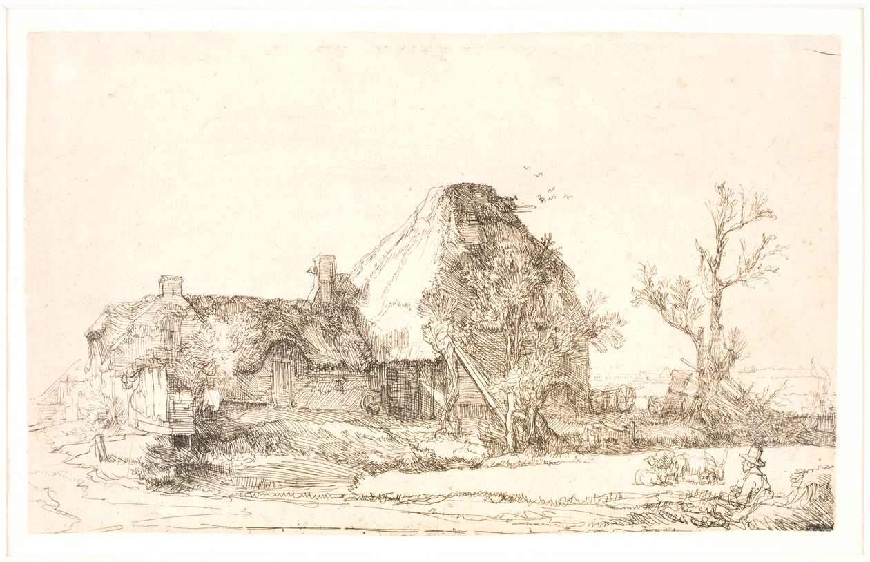 Hütte und Bauerngebäude mit einem zeichnenden Mann von Rembrandt van Rijn