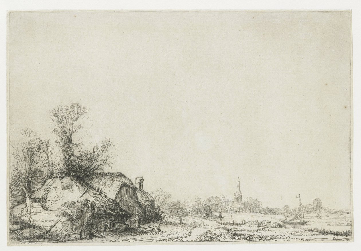 Hütte neben einem Kanal mit Blick auf Ouderkerk von Rembrandt van Rijn