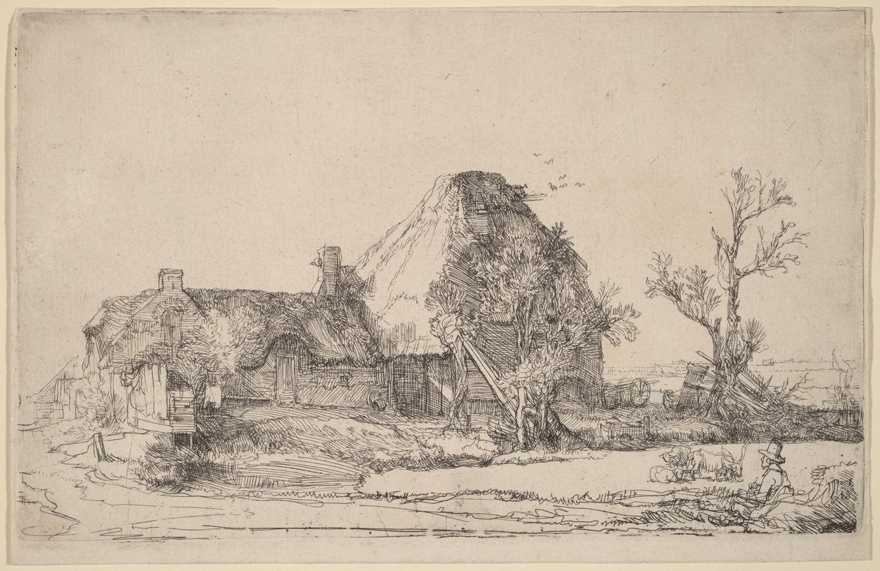 Hütten und Bauerngebäude mit einem Mann, der skizziert von Rembrandt van Rijn