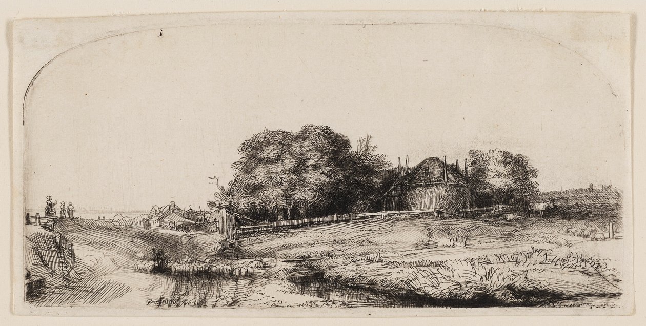 Hütten und eine Heuscheune auf dem Diemerdijk mit einer Schafherde von Rembrandt van Rijn