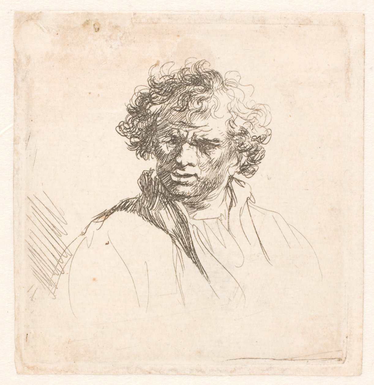 Lockenköpfiger Mann mit schiefem Mund von Rembrandt van Rijn