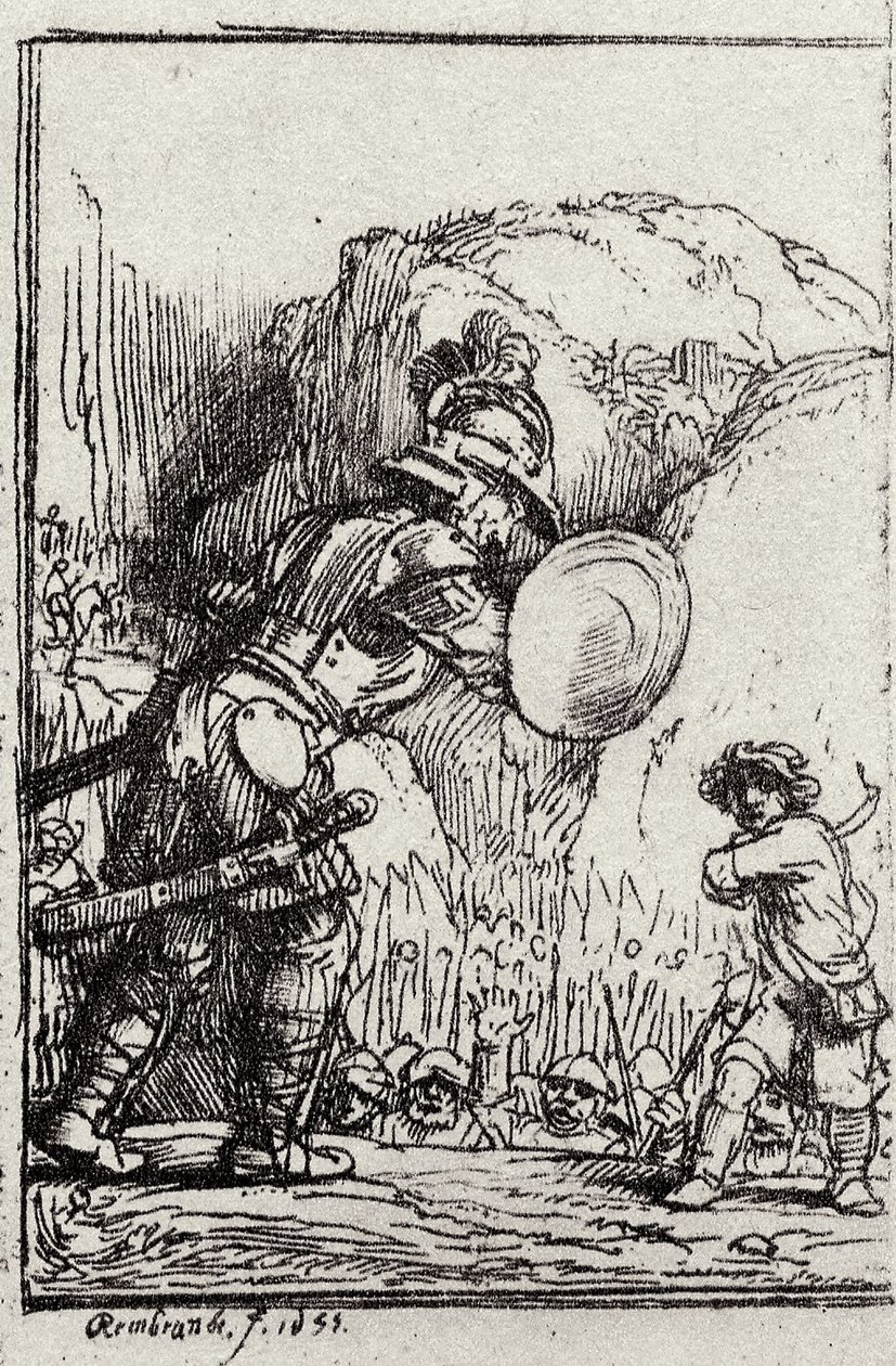 David und Goliath. Illustration für Piedra gloriosa von Menasseh ben Israel von Rembrandt van Rijn