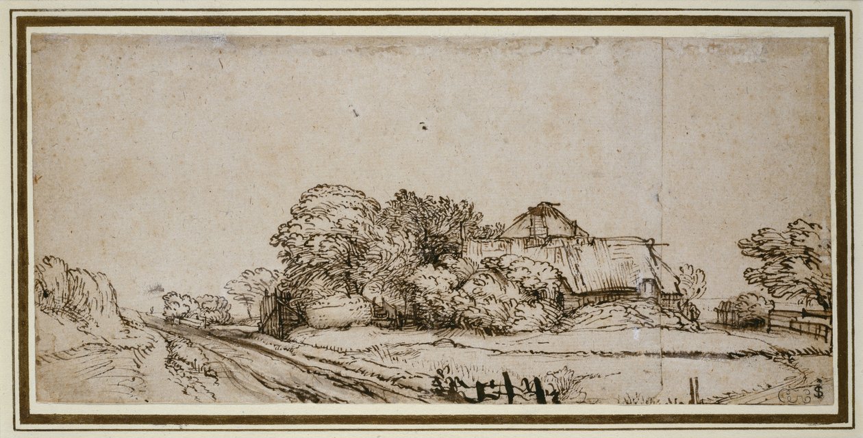 Bauerngebäude an einer Straße von Rembrandt van Rijn