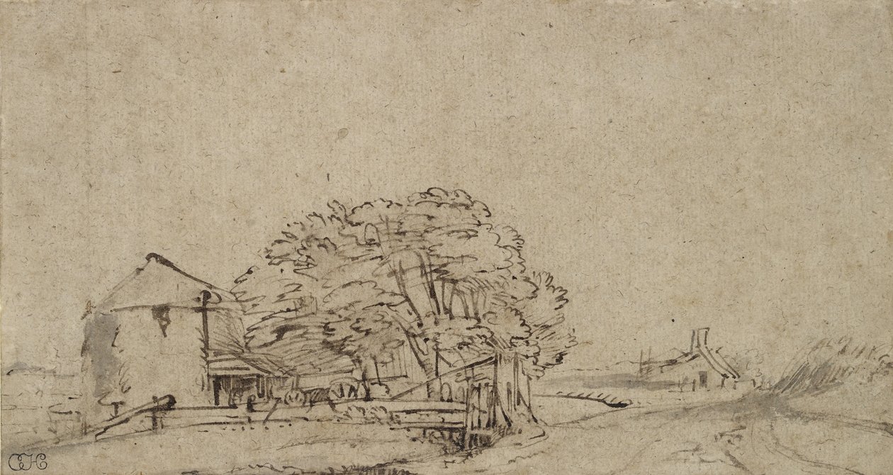 Bauernhofgebäude neben einer Straße mit entferntem Bauernhof, 1650-69 von Rembrandt van Rijn