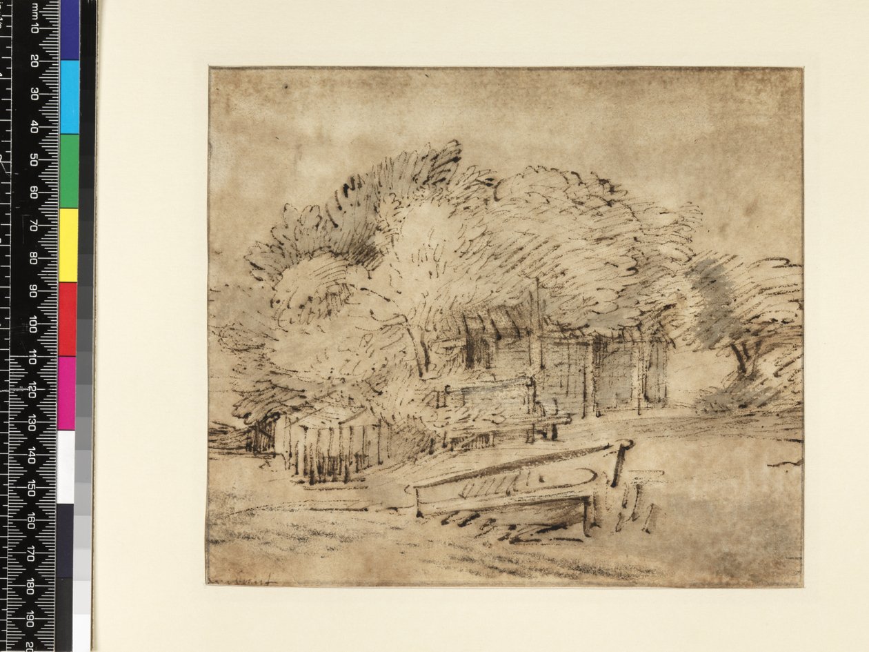Bauernhaus unter Bäumen, mit einer Fußgängerbrücke, ca. 1650 von Rembrandt van Rijn