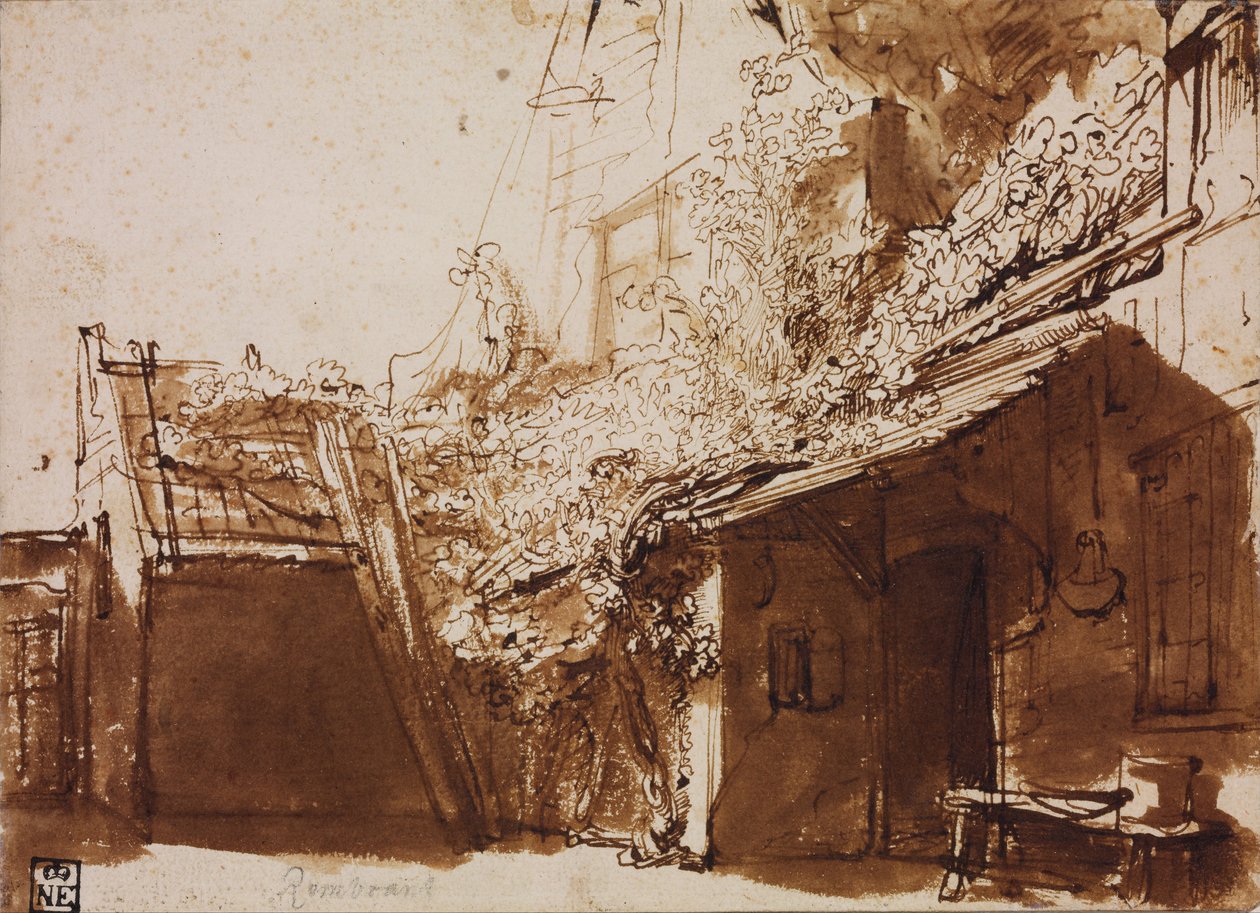 Bauernhaus im Licht und Schatten von Rembrandt van Rijn