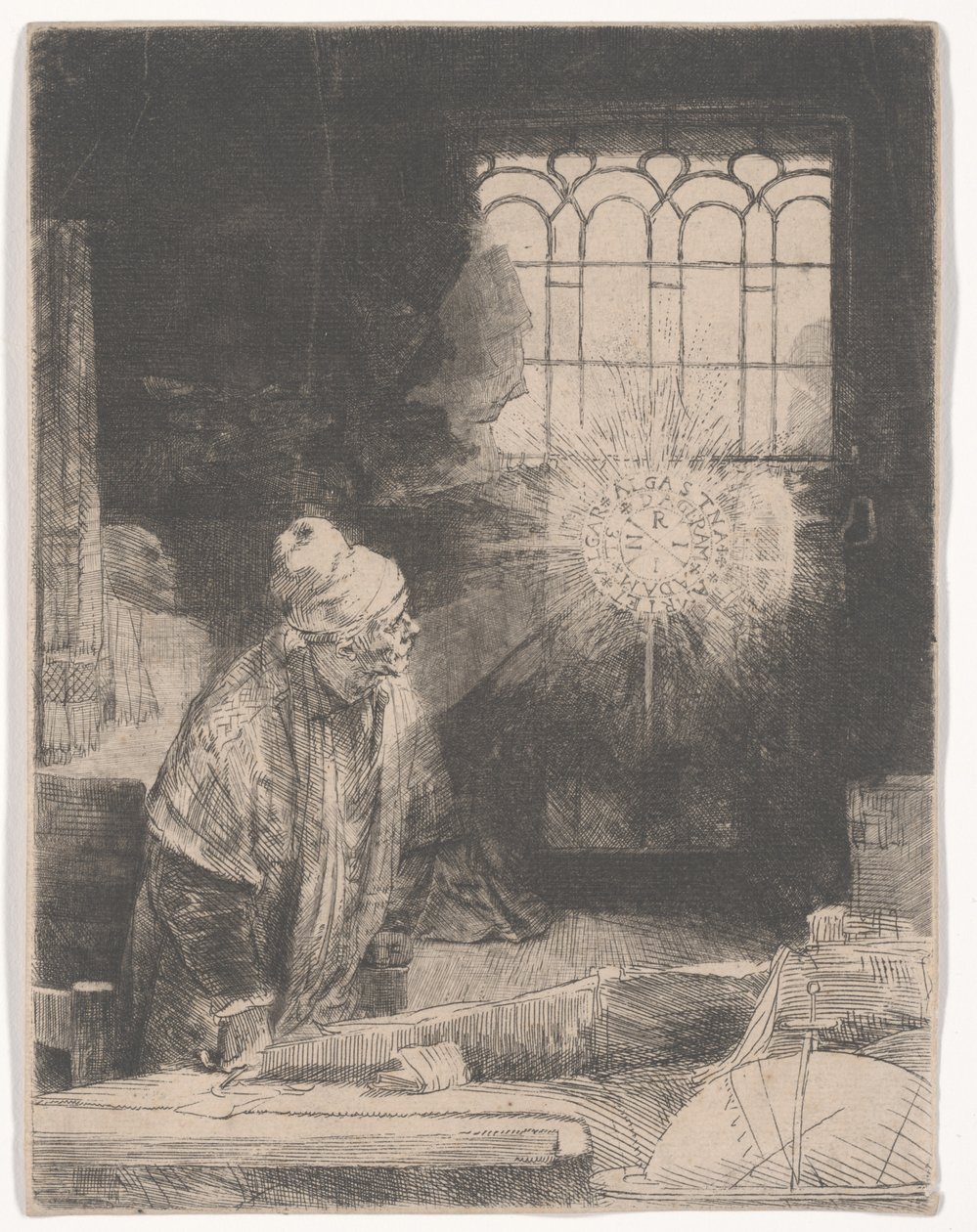 Faust in seinem Arbeitszimmer, der eine magische Scheibe beobachtet, oder Ein Gelehrter in seinem Arbeitszimmer, ca. 1652 von Rembrandt van Rijn