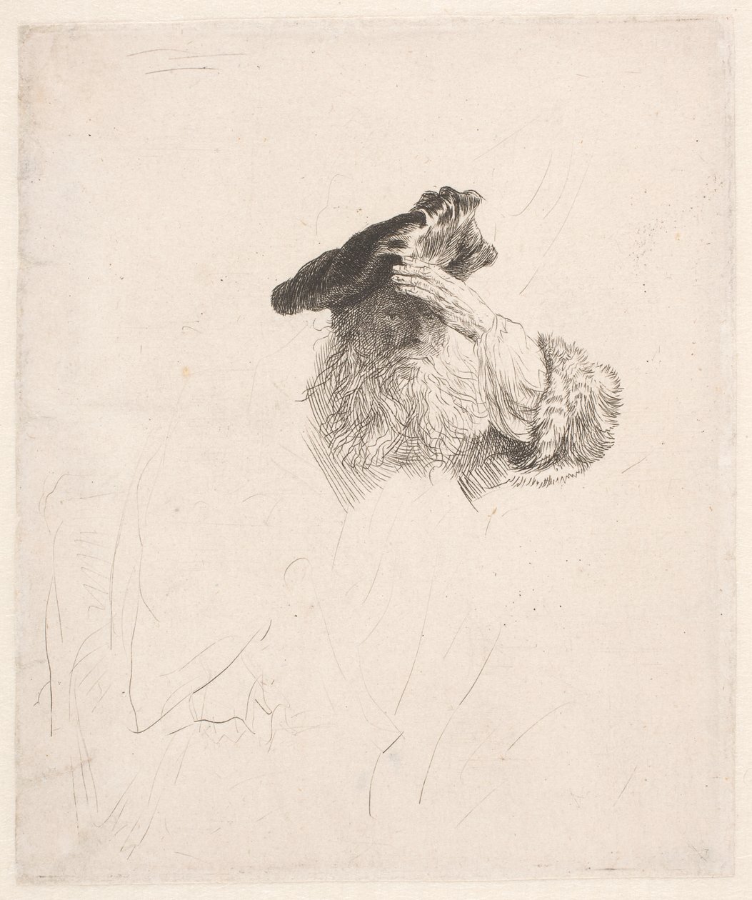 Alter Mann, der mit der Hand die Augen beschattet von Rembrandt van Rijn