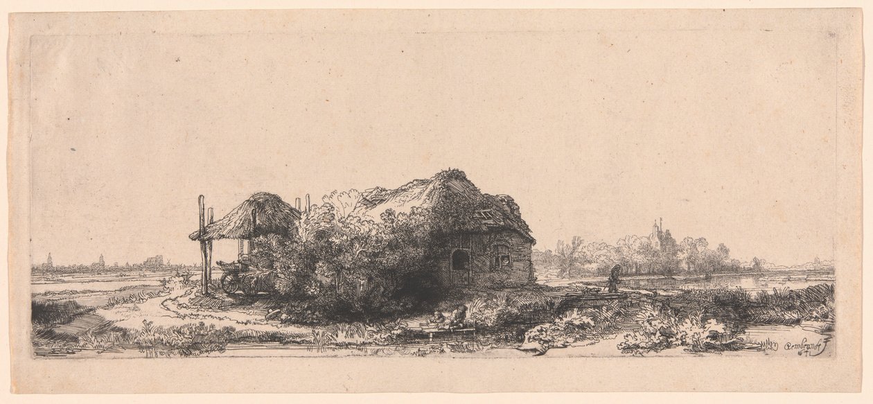 Landschaft mit Hütten und einer Heuscheune: Querformat von Rembrandt van Rijn