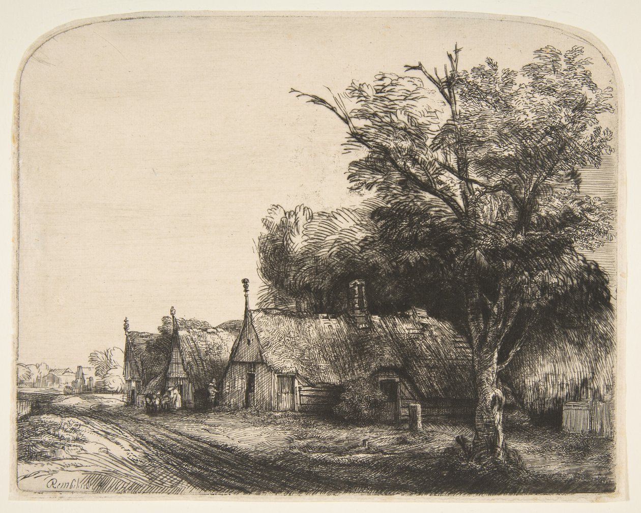 Landschaft mit drei Giebelhäusern an einer Straße, 1650 von Rembrandt van Rijn