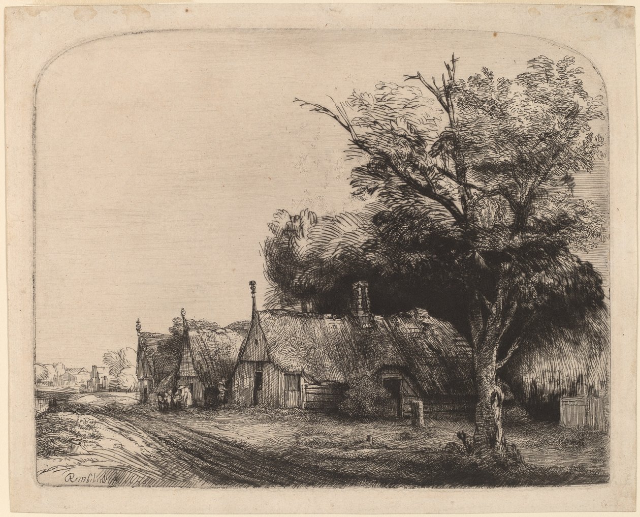 Landschaft mit drei giebeligen Hütten an einer Straße von Rembrandt van Rijn