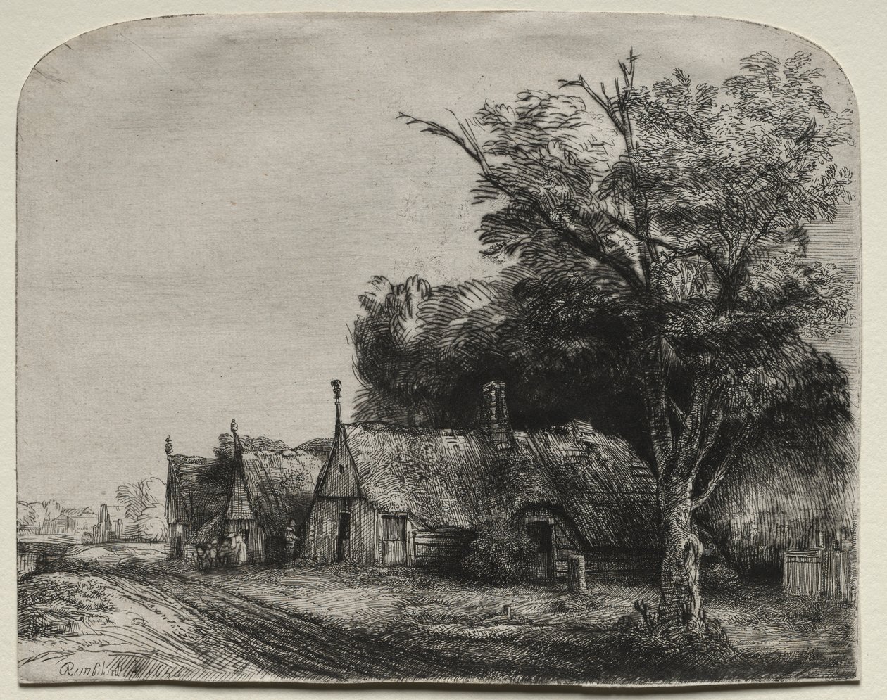 Landschaft mit drei giebelständigen Häusern an einer Straße von Rembrandt van Rijn