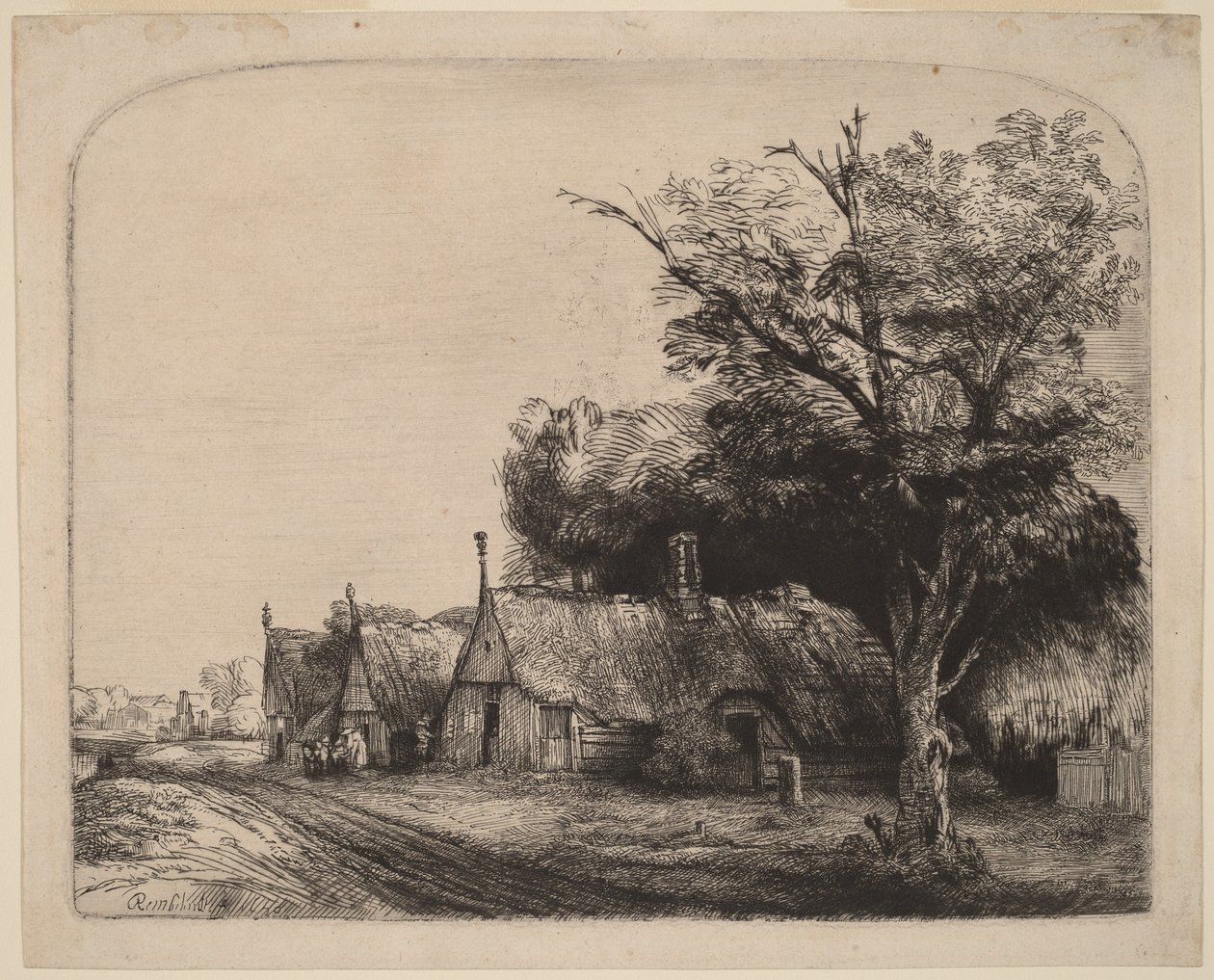 Landschaft mit drei Giebelhäusern an einer Straße von Rembrandt van Rijn