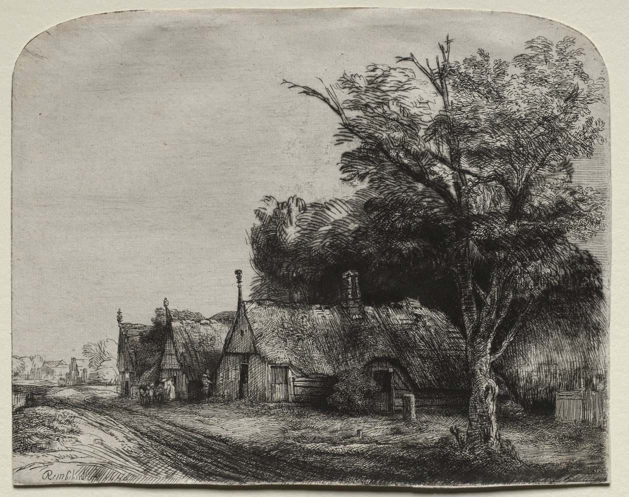Landschaft mit drei giebelständigen Häusern an einer Straße, 1650 von Rembrandt van Rijn