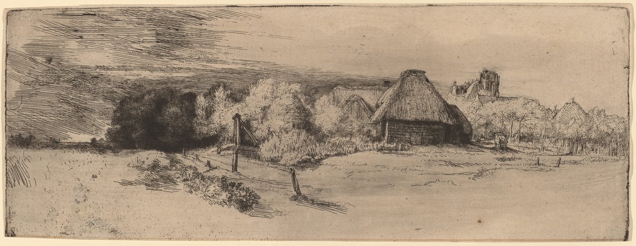 Landschaft mit Bäumen, Bauernhäusern und einem Turm von Rembrandt van Rijn
