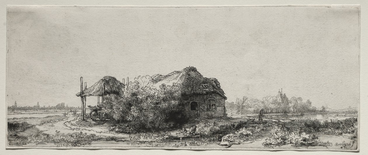 Landschaft mit einem Cottage und Heuscheune: Querformat von Rembrandt van Rijn