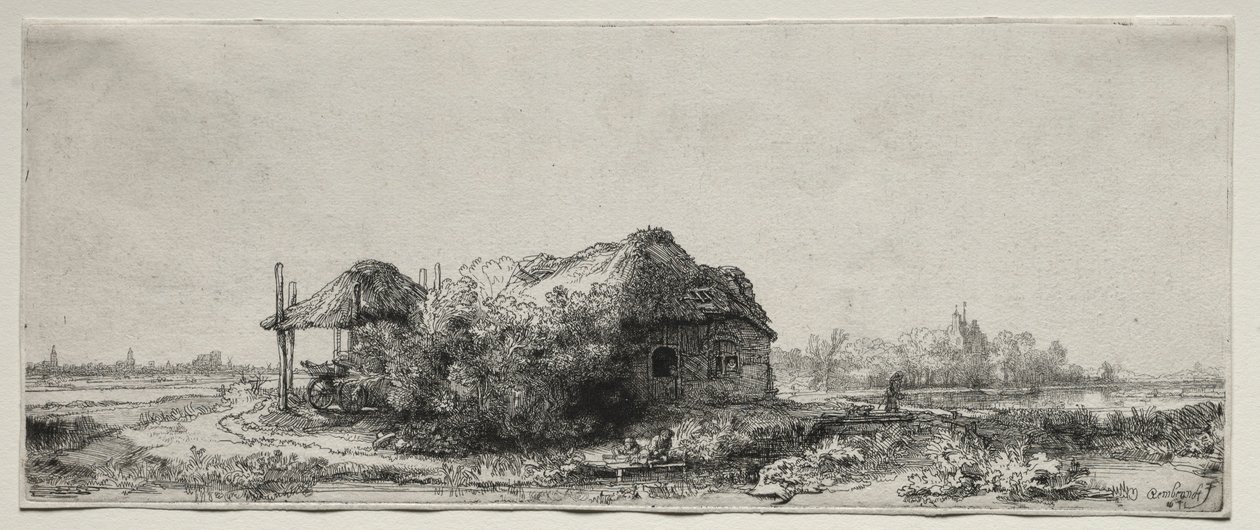 Landschaft mit einem Cottage und Heuscheune: Querformat, 1641 von Rembrandt van Rijn