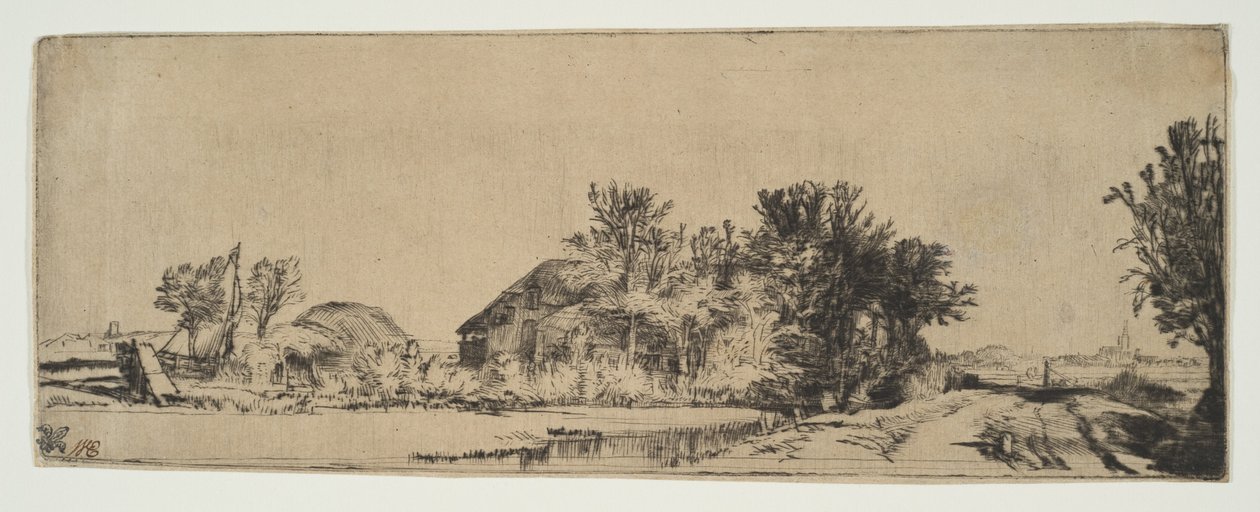 Landschaft mit einem Bauernhaus entlang einer Straße neben einem Kanal, ca. 1652 von Rembrandt van Rijn