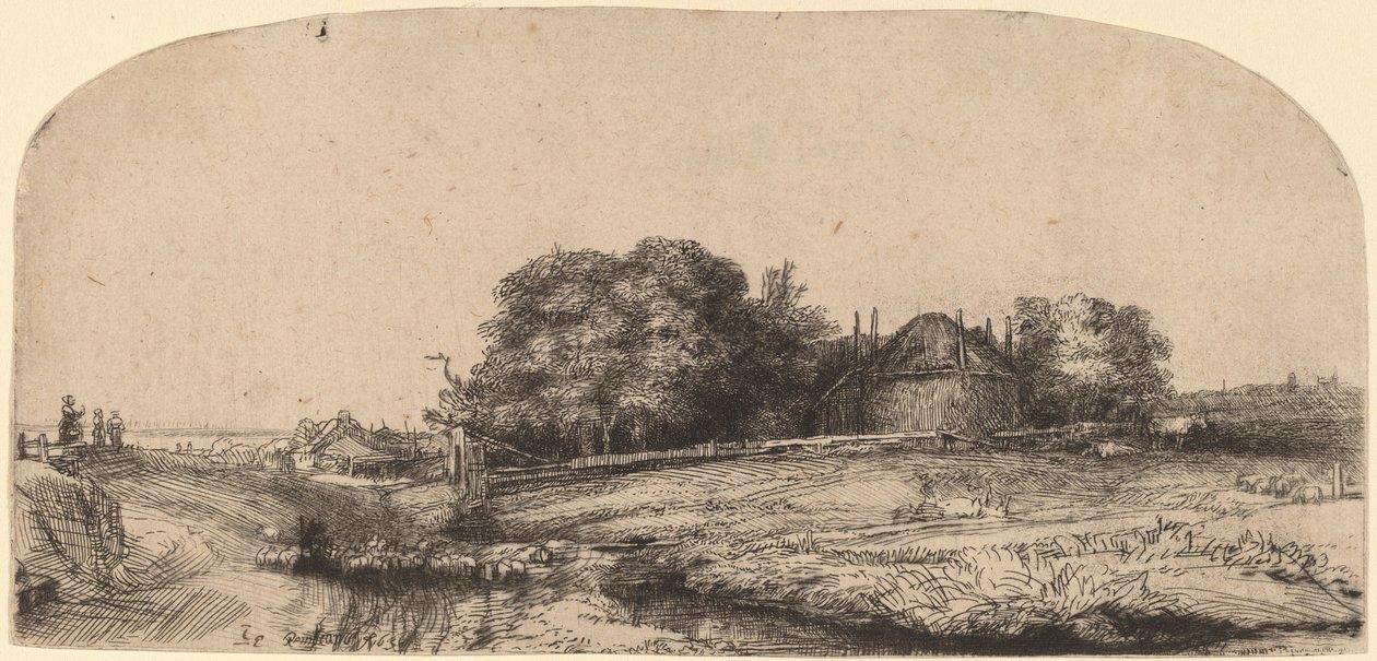 Landschaft mit einer Heuscheune und einer Schafherde von Rembrandt van Rijn