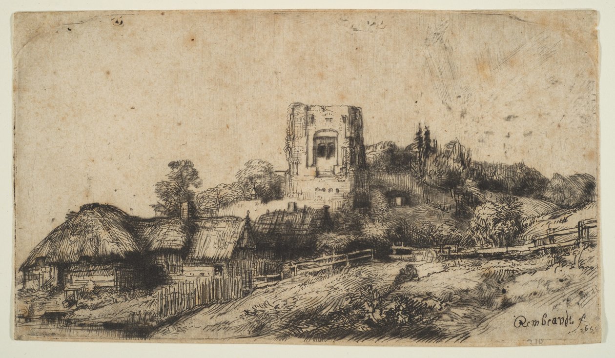 Landschaft mit einem quadratischen Turm, 1650 von Rembrandt van Rijn