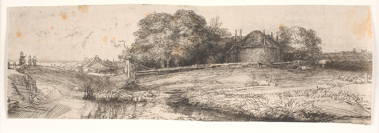 Landschaft mit Heuschober und Schafherde von Rembrandt van Rijn