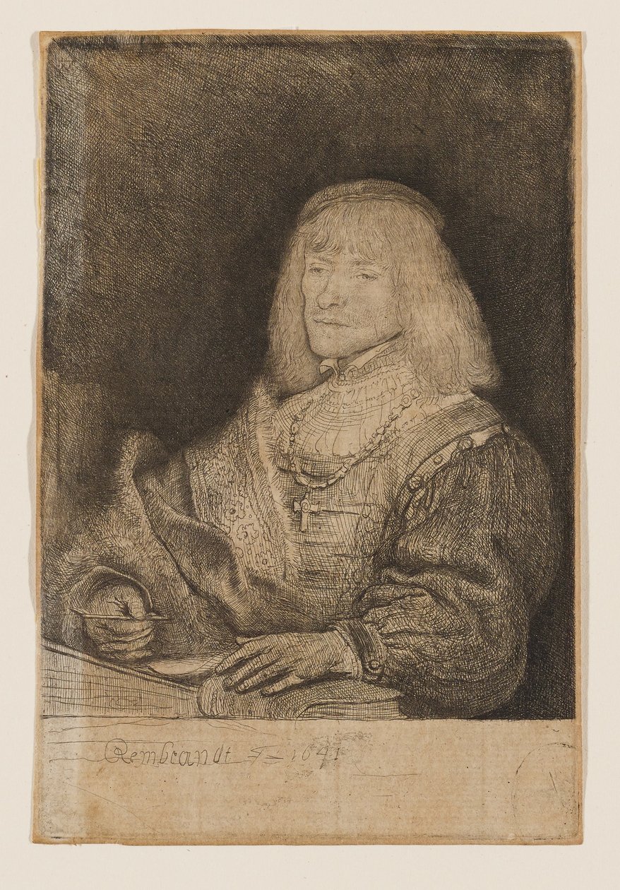 Mann am Schreibtisch, mit Kreuz und Kette von Rembrandt van Rijn
