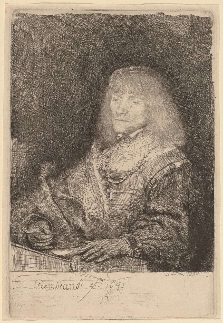 Mann an einem Schreibtisch mit Kreuz und Kette von Rembrandt van Rijn