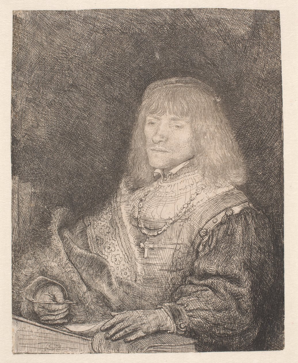 Mann am Schreibtisch, mit Kreuz und Kette von Rembrandt van Rijn