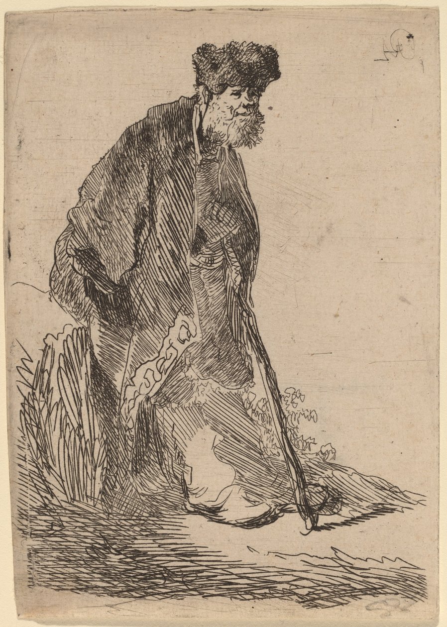 Mann in einem Mantel und Pelzmütze, der sich gegen eine Bank lehnt von Rembrandt van Rijn