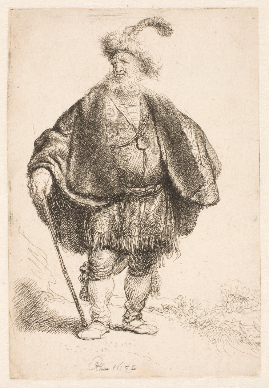 Mann in orientalischem Kostüm und gefiederter Pelzmütze von Rembrandt van Rijn