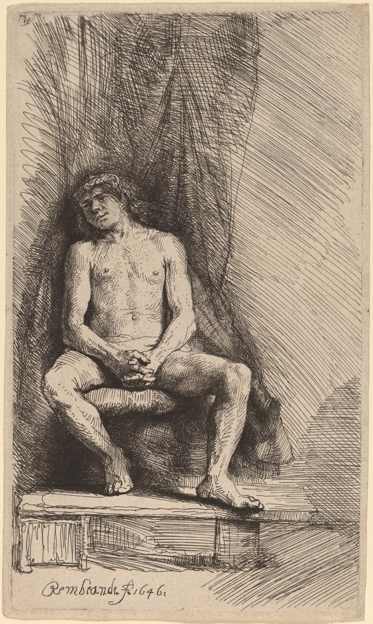 Nackter Mann sitzend vor einem Vorhang von Rembrandt van Rijn
