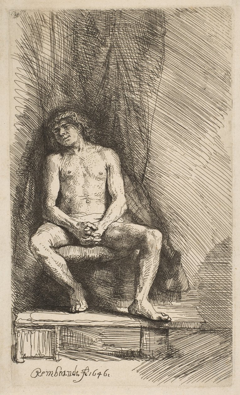 Nackter Mann vor einem Vorhang sitzend, 1646 von Rembrandt van Rijn