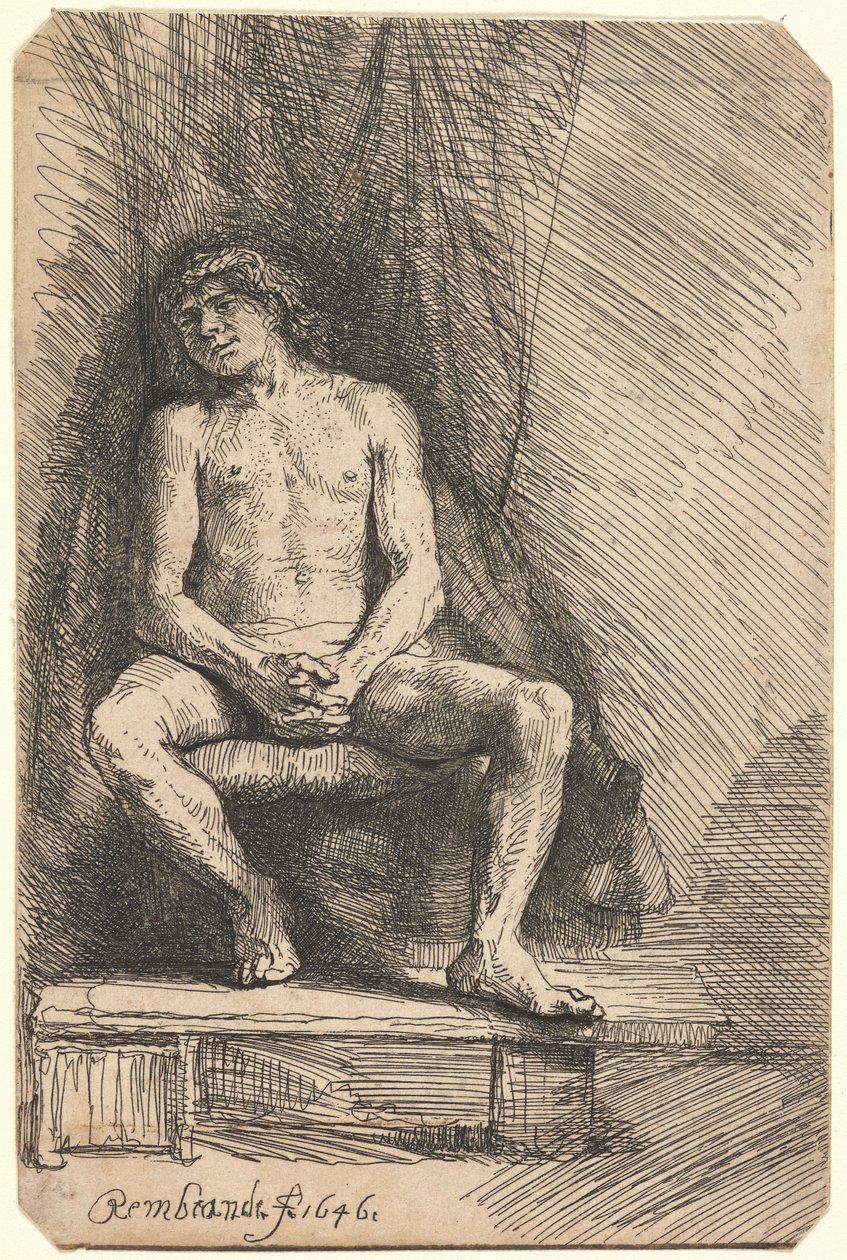 Nackter Mann vor einem Vorhang sitzend von Rembrandt van Rijn