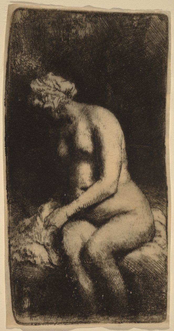 Nackte auf einer Bank mit einem Kissen sitzend (Frau badet ihre Füße an einem Bach) von Rembrandt van Rijn