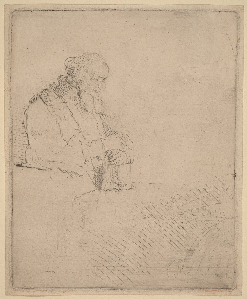Alter Mann in Meditation, auf ein Buch gelehnt von Rembrandt van Rijn