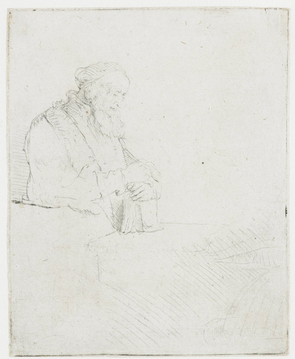 Alter Mann in Meditation, auf ein Buch gelehnt von Rembrandt van Rijn