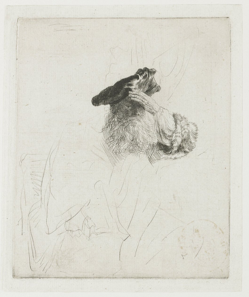 Alter Mann, der seine Augen mit der Hand beschattet von Rembrandt van Rijn