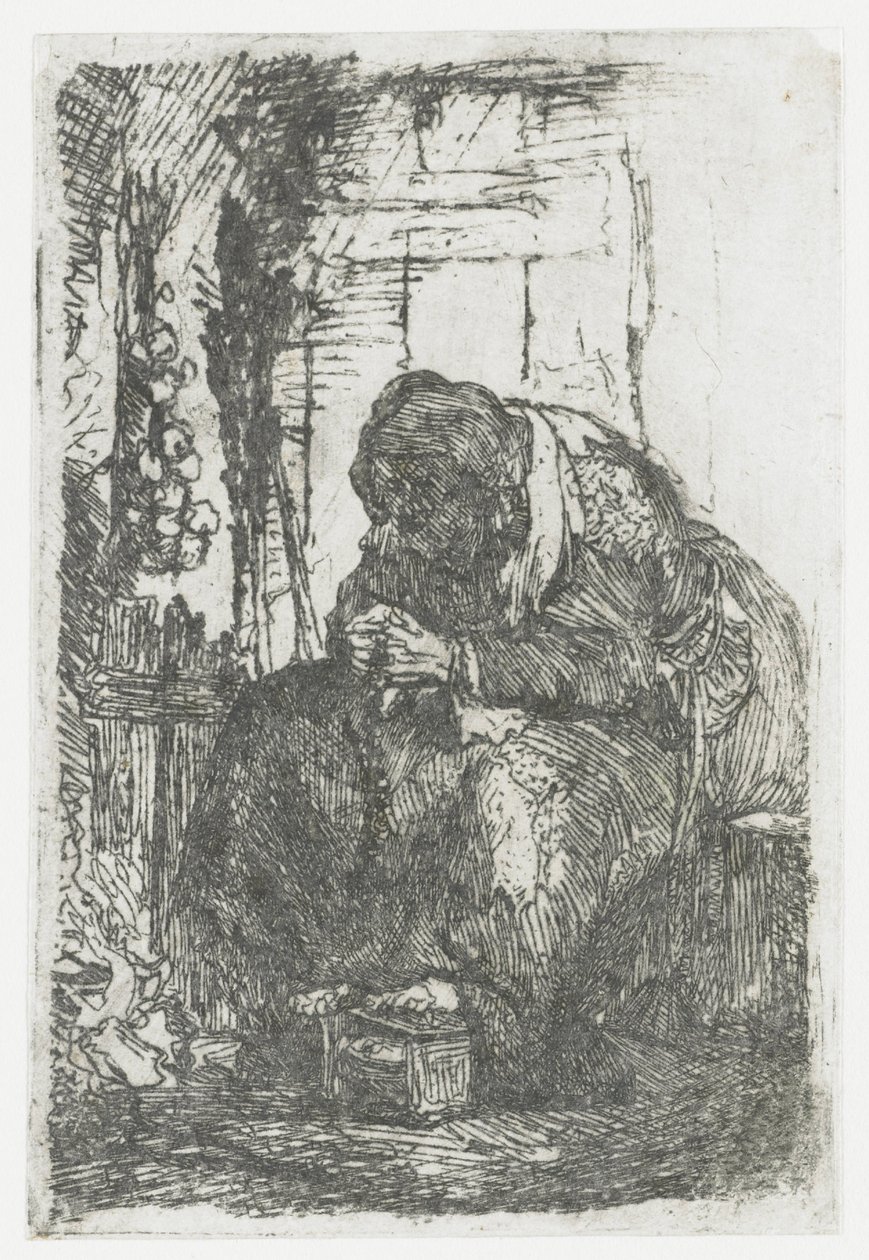 Alte Frau mit Zwiebeln, sitzend in einer Hütte von Rembrandt van Rijn