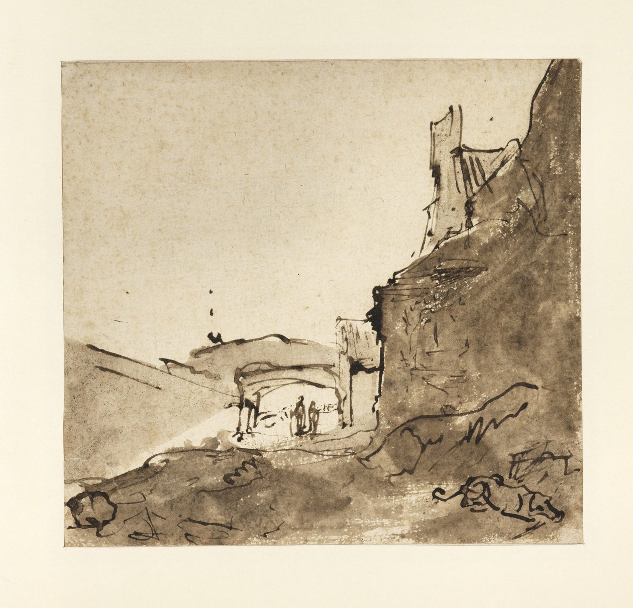 Stadtrand mit Mauern und einer Tür, ca. 1627-28 von Rembrandt van Rijn