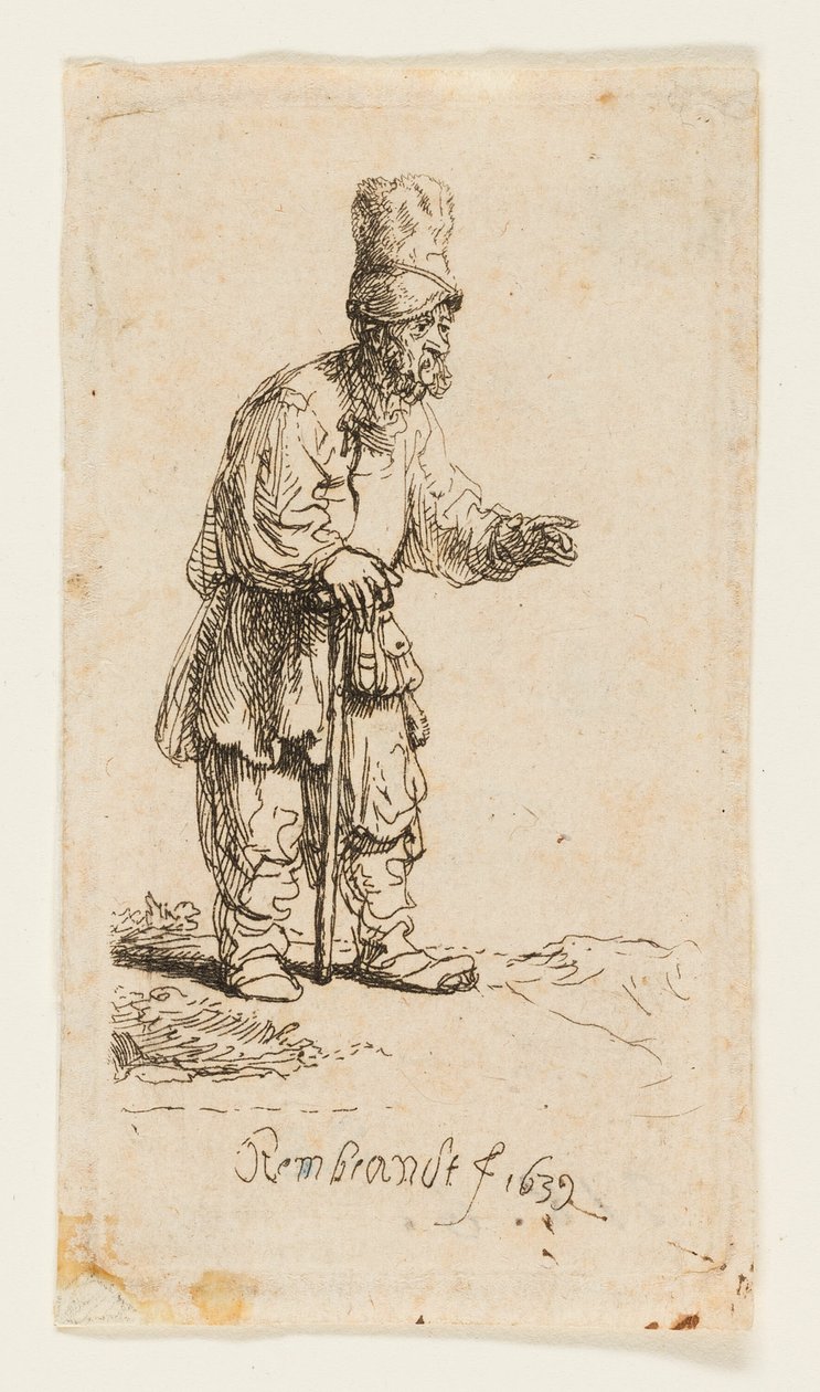 Bauer mit hoher Mütze, stehend und auf einen Stock gelehnt von Rembrandt van Rijn