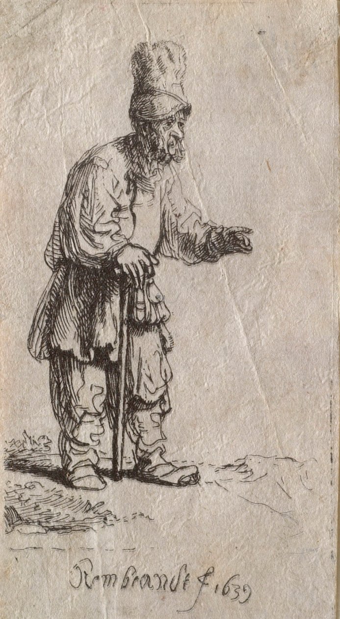 Bauer mit hohem Hut, stehend, auf einen Stock gelehnt von Rembrandt van Rijn