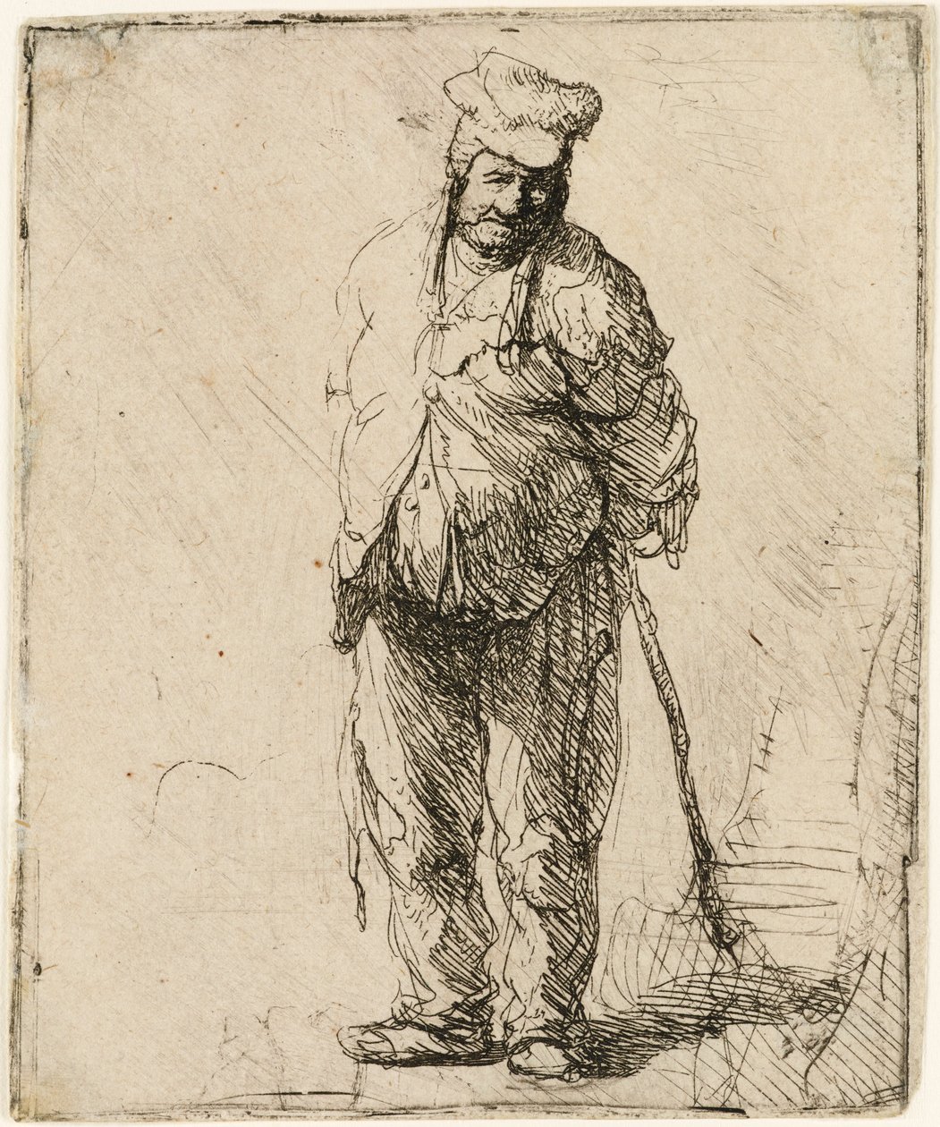 Zerlumpter Bauer mit einem Stock in den Händen von Rembrandt van Rijn