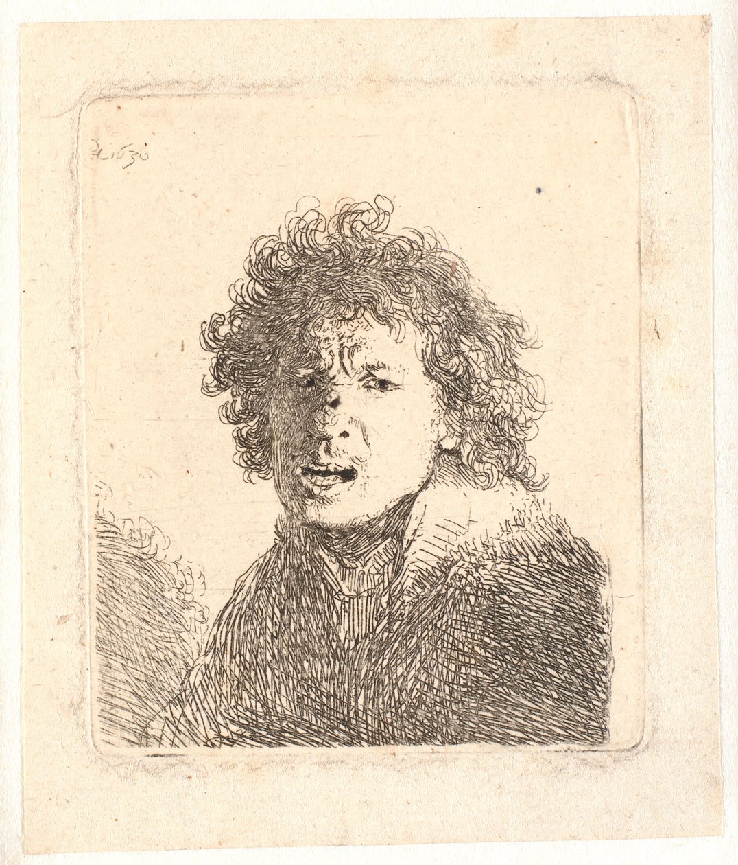 Rembrandt ohne Kopfbedeckung und mit offenem Mund, als ob er schreit: Büste von Rembrandt van Rijn