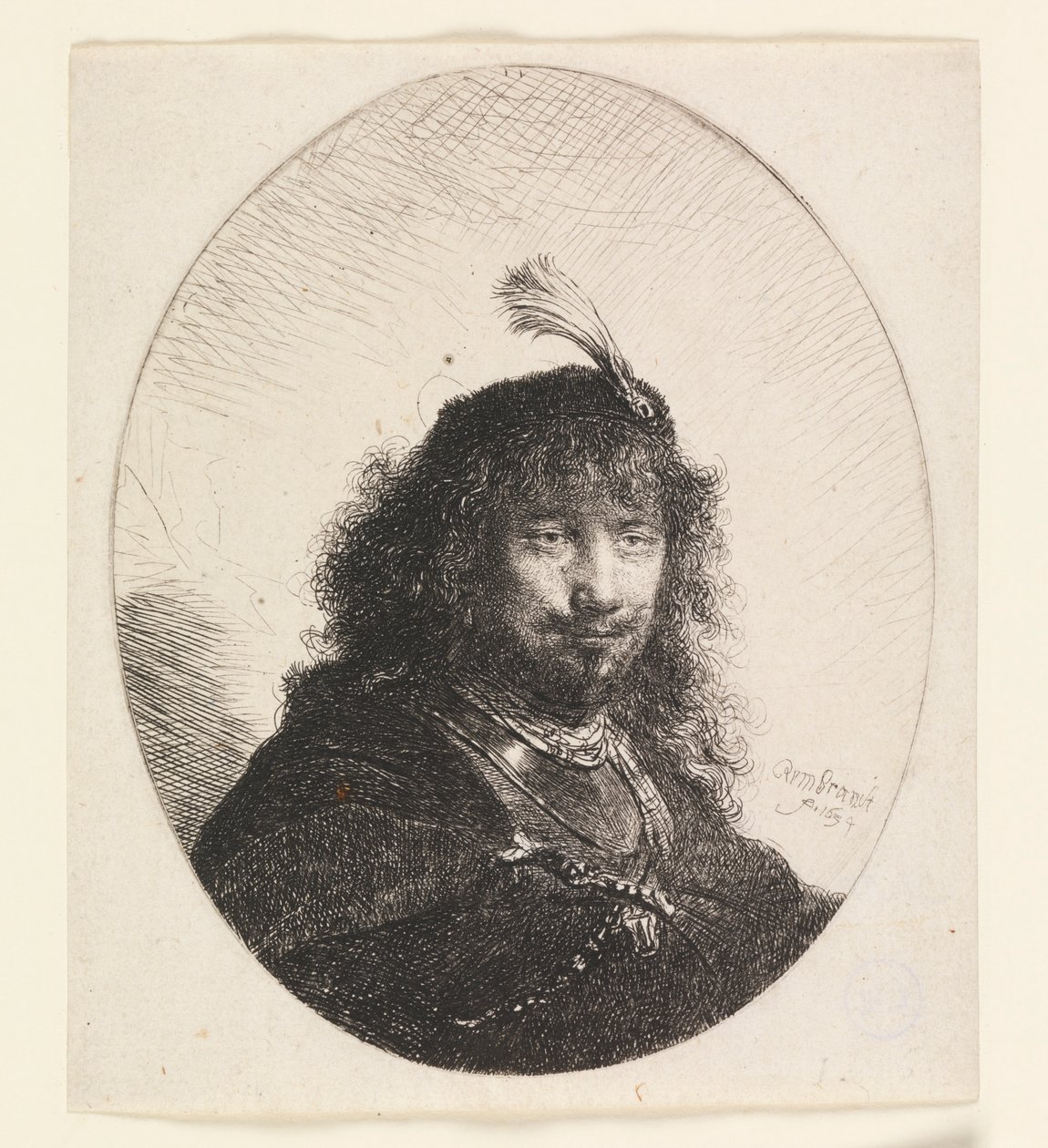 Rembrandt mit Federhut und gesenktem Säbel von Rembrandt van Rijn