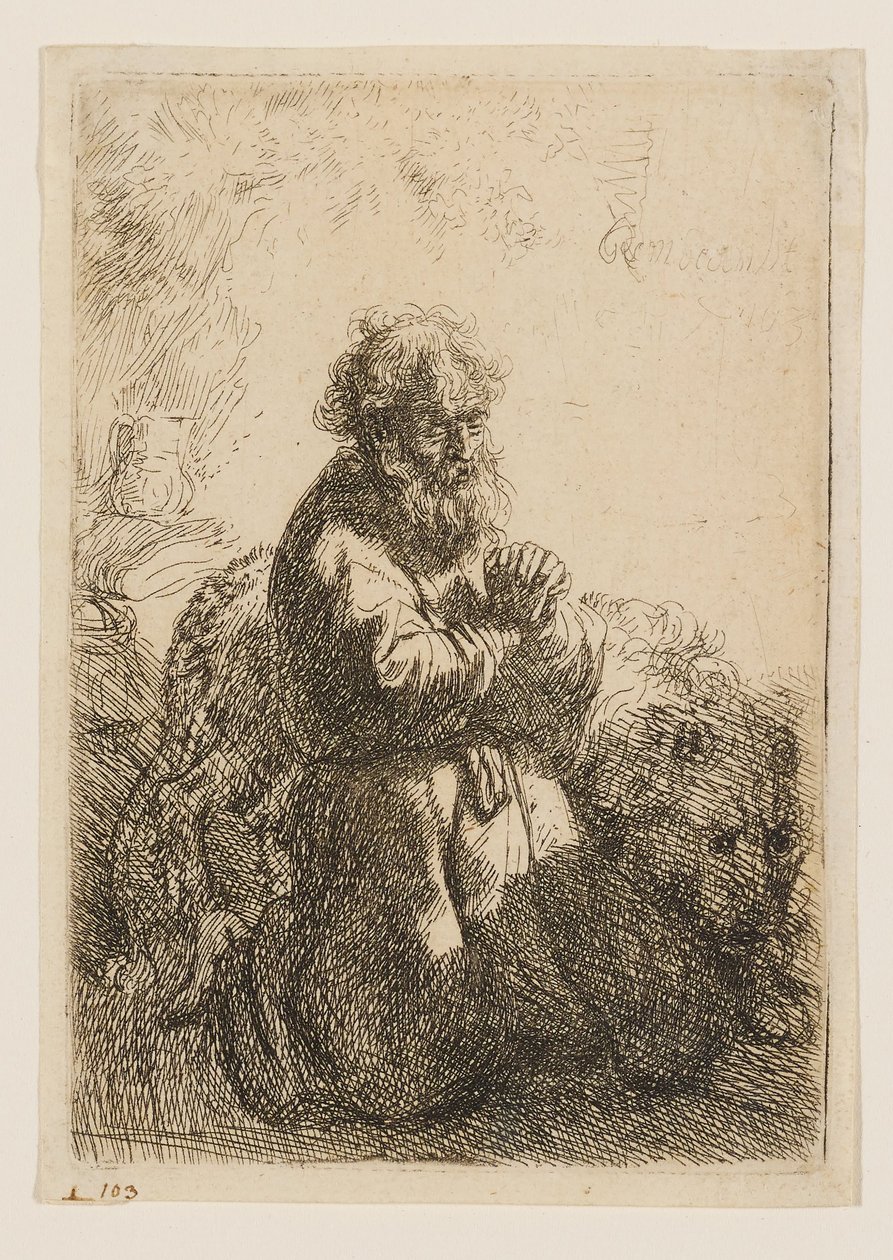 Der heilige Hieronymus kniend im Gebet, nach unten blickend von Rembrandt van Rijn