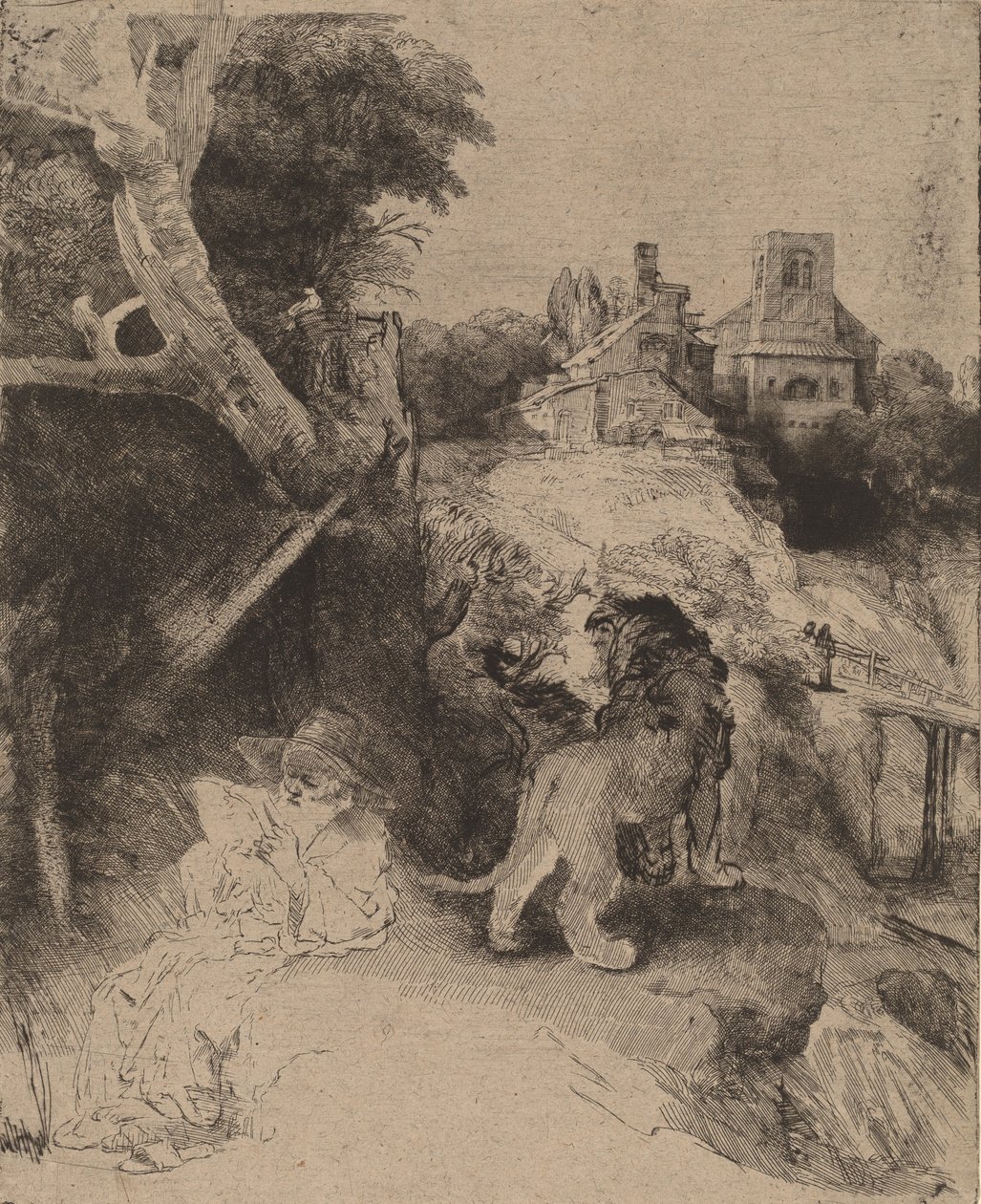 Der heilige Hieronymus liest in einer italienischen Landschaft von Rembrandt van Rijn
